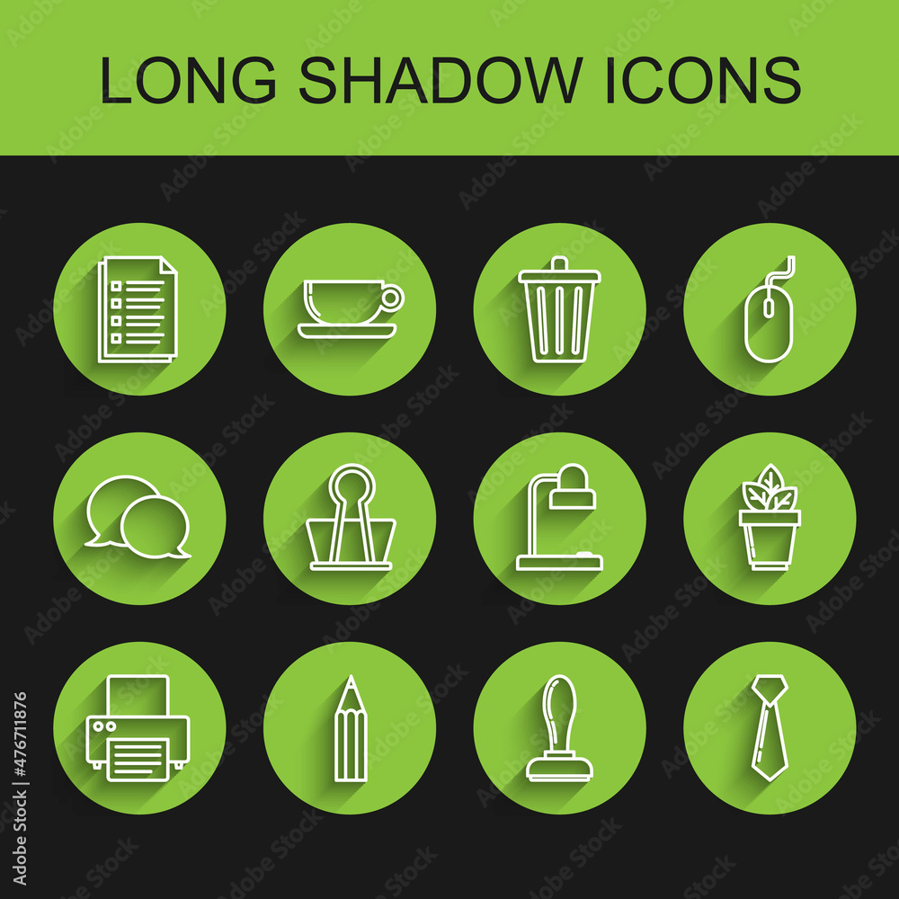 Set line Printer, Pencil, File document, Stamp, Tie, Binder clip, Flowers pot and Table lamp icon. Vector Set line Printer, Pencil, File document, Stamp, Tie, Binder clip, Flowers pot and Table lamp icon. Vector