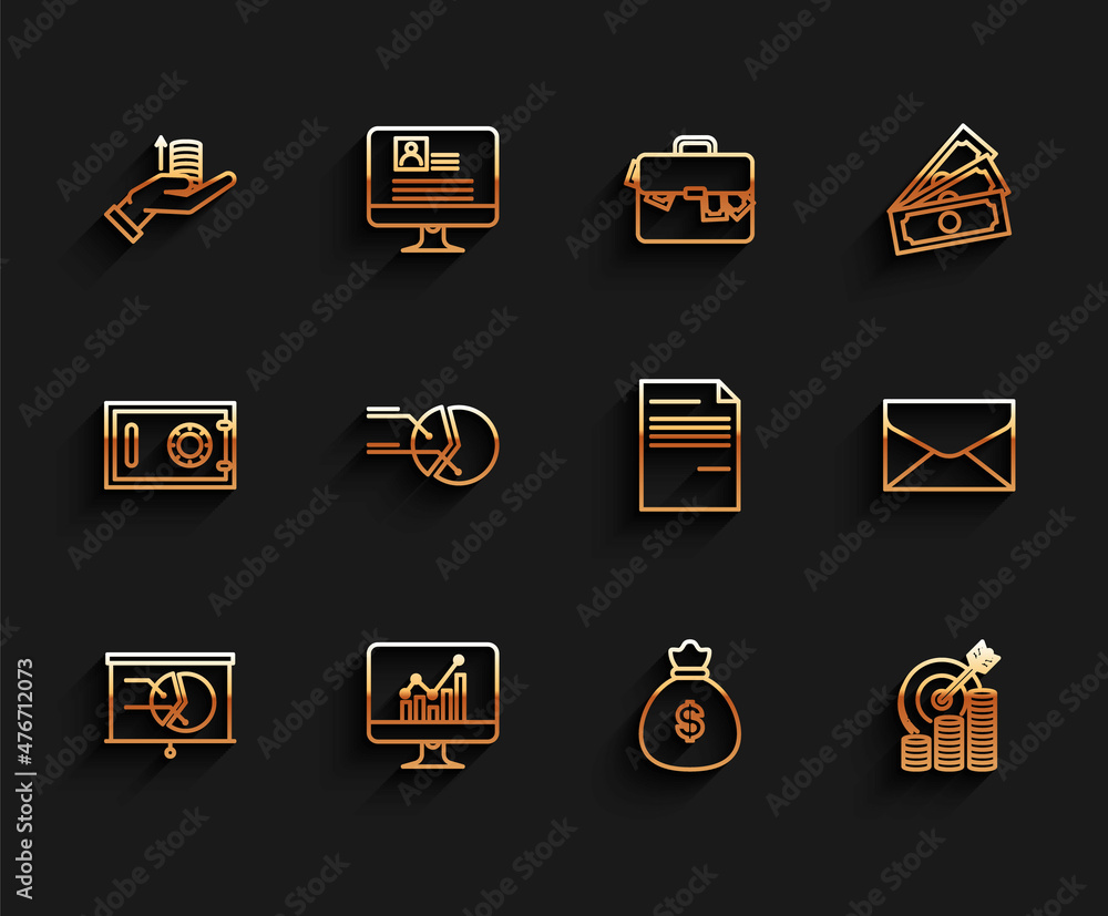 Set line Board with graph chart, Computer monitor, Money hand, bag, Target coin symbol, Pie infographic, Envelope and Document icon. Vector Set line Board with graph chart, Computer monitor, Money hand, bag, Target coin symbol, Pie infographic, Envelope and Document icon. Vector