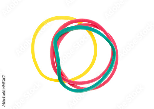 Multi-colored rubber bands isolated on white background.