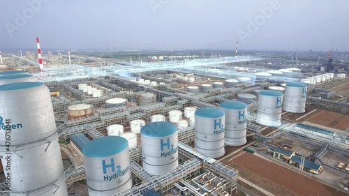Filling tanks with hydrogen, renewable energy production factory plant. Motion graphics concept of hydrogen filling. photo
