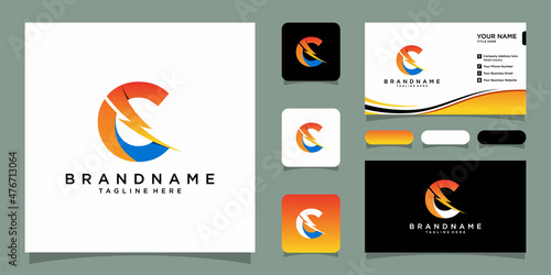 Flash C letter logo, electric bolt logo vector with business card design template