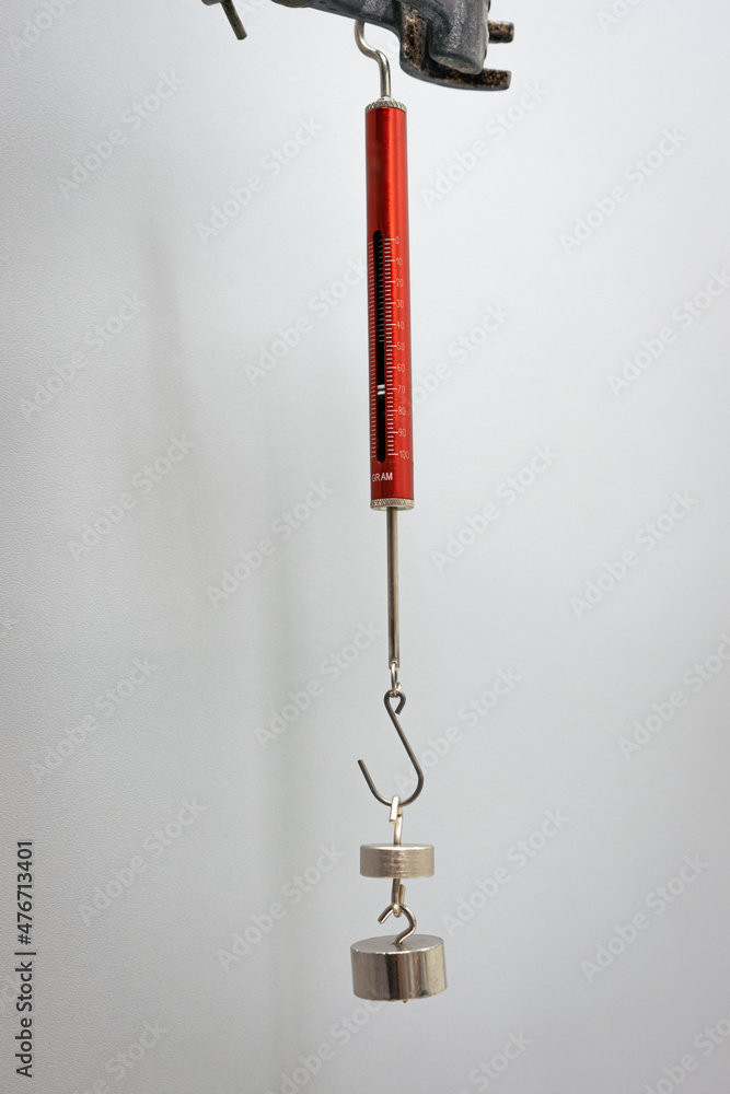Weights hang from a dynamometer to measure force. Unit of force is in