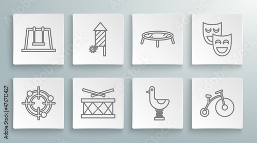 Set line Target sport for shooting competition, Drum with drum sticks, Riding kid duck, Vintage bicycle one big wheel and one small, Jumping trampoline, Comedy theatrical masks and Swing icon. Vector