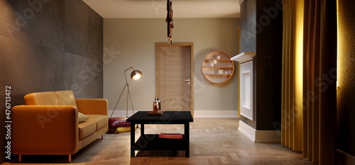 Warm Cozy Living Room Sofa Table Modern Minimalist Home With Cocnrete Wall And Wood Parquet Floor Warm Spotlight Dimmed Atmosphere Retro 3D Rendering