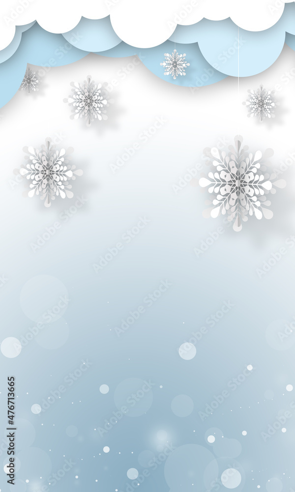 Abstract, blue, winter background with white snowflakes and blurry lights. Soaring snow on a light background and beautiful snowflakes hanging from the clouds. Vertical illustration.