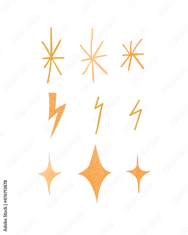 Gold shine set in modern style on white background. Isolated vector elements. Gold shine set in modern style on white background. Isolated vector elements.