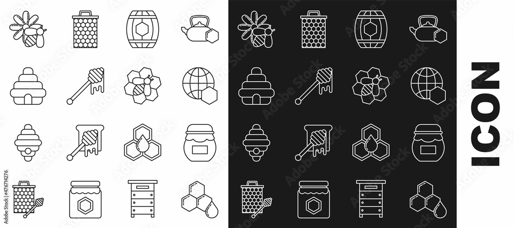 Set line Honeycomb, Jar of honey, map the world, Wooden barrel with, dipper stick dripping, Hive for bees, Bee and flower and honeycomb icon. Vector Set line Honeycomb, Jar of honey, map the world, Wooden barrel with, dipper stick dripping, Hive for bees, Bee and flower and honeycomb icon. Vector