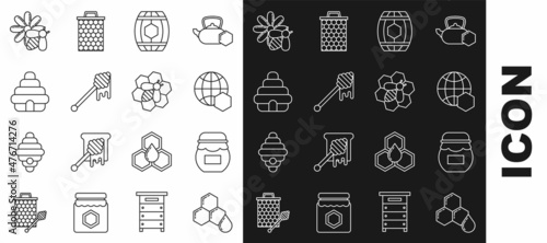 Set line Honeycomb, Jar of honey, map the world, Wooden barrel with, dipper stick dripping, Hive for bees, Bee and flower and honeycomb icon. Vector