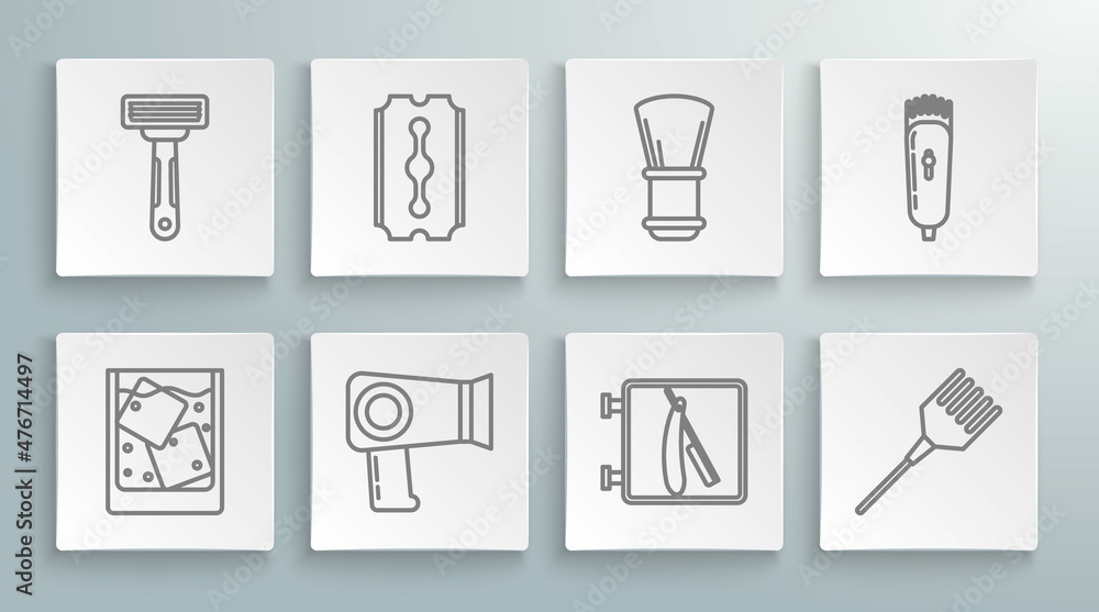 Set line Glass of whiskey and ice cubes, Blade razor, Hair dryer, Barbershop with, Hairbrush, Shaving, Electrical hair clipper shaver and icon. Vector Set line Glass of whiskey and ice cubes, Blade razor, Hair dryer, Barbershop with, Hairbrush, Shaving, Electrical hair clipper shaver and icon. Vector