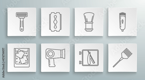 Set line Glass of whiskey and ice cubes, Blade razor, Hair dryer, Barbershop with, Hairbrush, Shaving, Electrical hair clipper shaver and icon. Vector