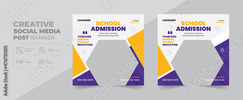 School admission social media post banner design. back to school social media post banner design set. Back to school admission promotion banner. school admission template for social media ads banner