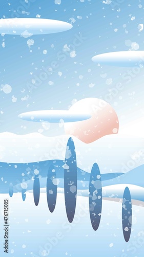 Winter landscape with waves. Pink sun. Blue and white gradient background. Clouds and snow. Mountains and hills. Oval trees. Vertical banner. Template for post card, poster, wallpaper and social media
