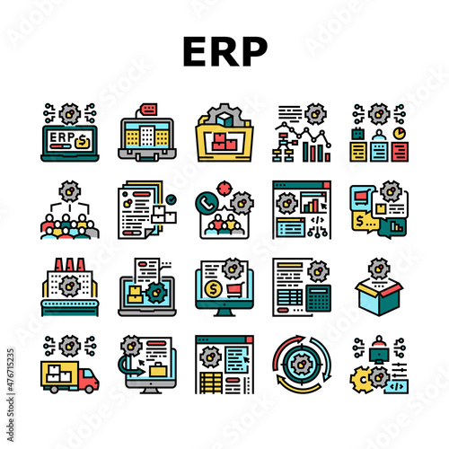 Erp Enterprise Resource Planning Icons Set Vector. Erp Manufacturing Processing And Production, Planning Strategy And Management Tasks, Development Software And App Line. Color Illustrations