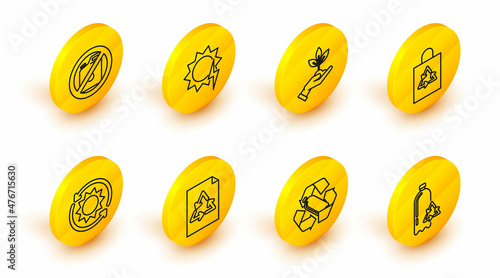 Set line Recycling plastic bottle, Paper with recycle, Solar energy panel, Plastic bag, Plant hand of environmental protection, and No canister for gasoline icon. Vector