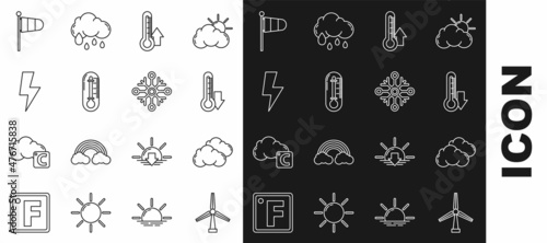 Set line Wind turbine, Cloud, Thermometer, Lightning bolt, Cone meteorology windsock wind vane and Snowflake icon. Vector