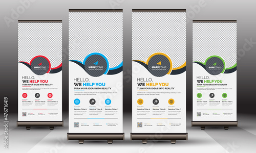 Corporate Business Roll Up Banner Standee Template with Creative Shapes, Modern Pull Up X Banner Signage Unique Design for Multipurpose Use
