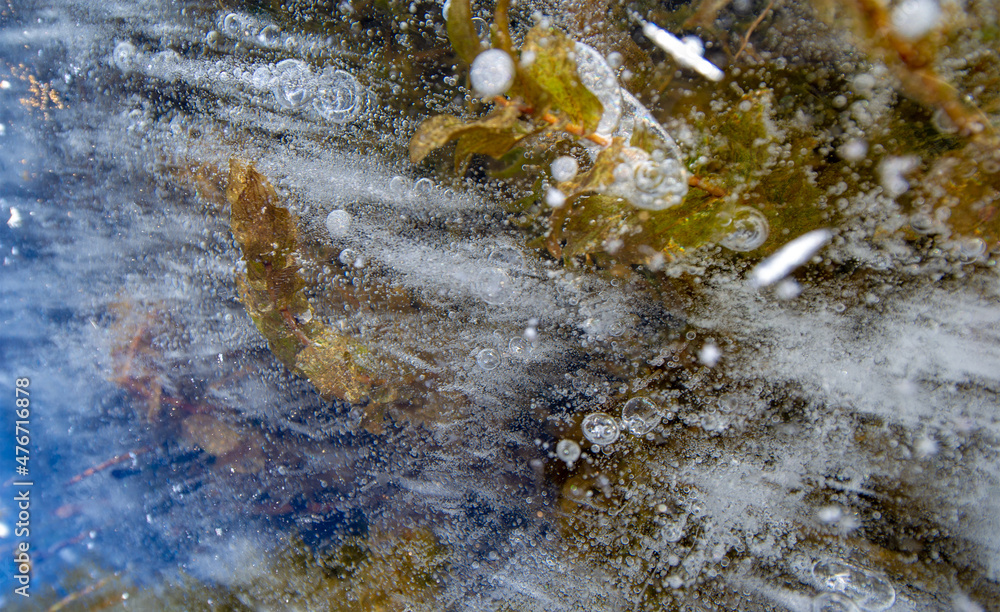 There is frost on the street, ice on the river, ice bubbles stuck in ice, unusually colorful ice architecture