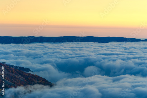 Autumn photos of the Crimean peninsula. High in the mountains above the clouds. Beech, pine, hornbeam, forest in the mountains