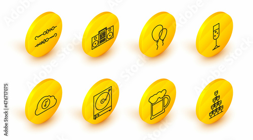 Set line Wine glasses stacked in a pyramid tower, Music streaming service, Glass of champagne, Balloons ribbon, Home stereo two speakers and Grilled shish kebab icon. Vector
