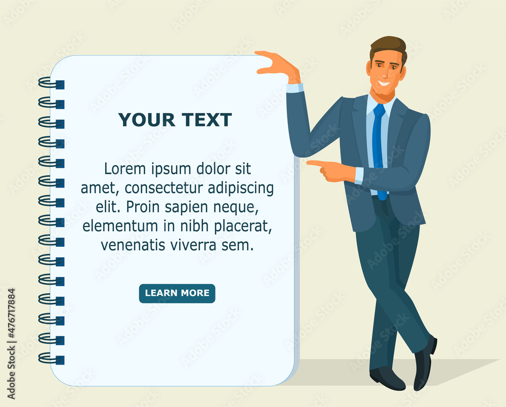 Banner smiling man in a suit with a tie points with his hand to the place to insert the text. A man businessman stands in full growth with a sheet of notepad. Banner smiling man in a suit with a tie points with his hand to the place to insert the text. A man businessman stands in full growth with a sheet of notepad.