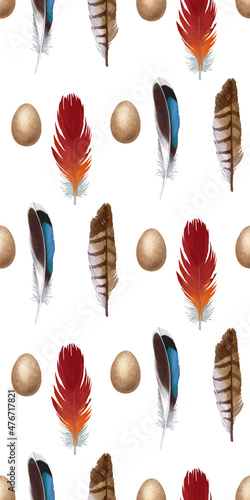Seamless pattern with egg and feather. Background. Hand-drawn illustration, vector © Victoria Novak