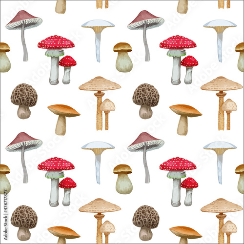 Seamless pattern with mushrooms. Forest background. Hand-drawn illustration, vector
