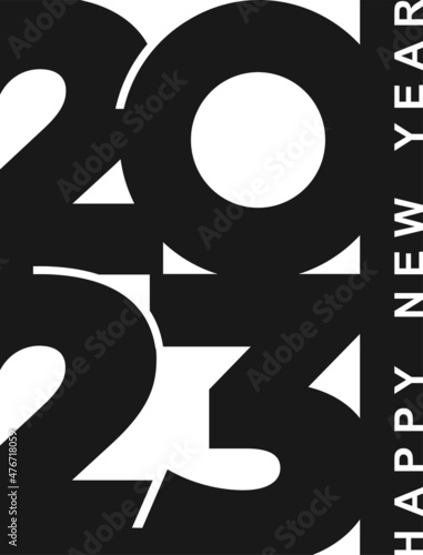 2023 Happy New Year. Creative concept design template with black logo 2023 for celebration and season decoration. Black and white vector trendy background for branding, calendar, card, banner, cover.