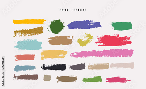 Trend brush stroke. Set of colored brush, pen, marker, chalk. Distressed grunge modern textured brush stroke. Colorful dry brush. Hand drawn vector. Vector illustration. Isolated on white background.