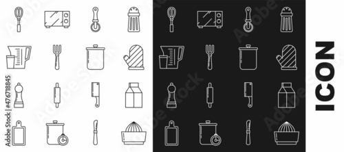 Set line Citrus fruit juicer, Paper package for milk, Oven glove, Pizza knife, Fork, Measuring cup, Kitchen whisk and Cooking pot icon. Vector