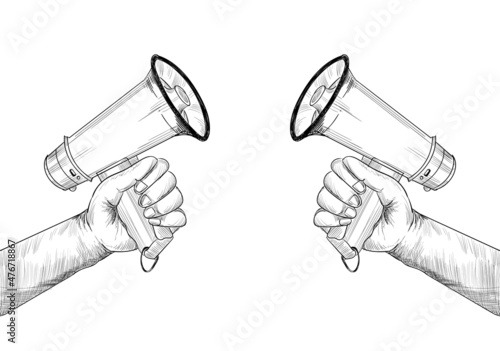 Announcement concept hand holds megaphone sketch design