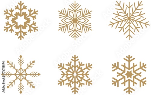 Goldene frostige abstrakte Schneeflocken Symbol set auf einem weissen Hintergrund. Gold Schneeflocken Icons als Vektor.