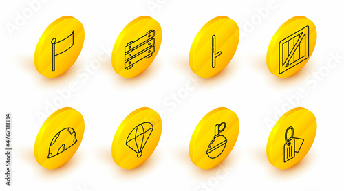 Set line Military dog tag, Hand grenade, Parachute, helmet, ammunition box, Police rubber baton, and Flag icon. Vector