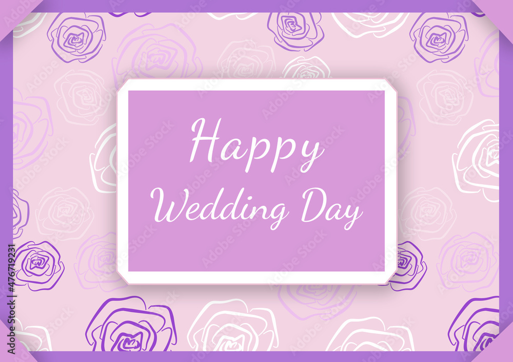 Happy wedding day hand - lettering sign in frame. Calligraphy words for greeting cards, weddind invitations. Colorful pink Background with line art white and violet roses Happy wedding day hand - lettering sign in frame. Calligraphy words for greeting cards, weddind invitations. Colorful pink Background with line art white and violet roses
