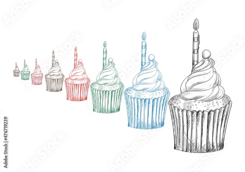 Beautiful colorful cup cake set sketch design