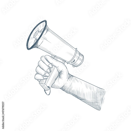 Announcement concept hand holds megaphone sketch design