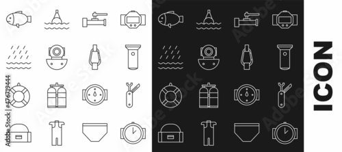 Set line Diving watch, Swiss army knife, Flashlight, Industry metallic pipes and valve, Aqualung, Rain waves, Fish and Carabiner icon. Vector