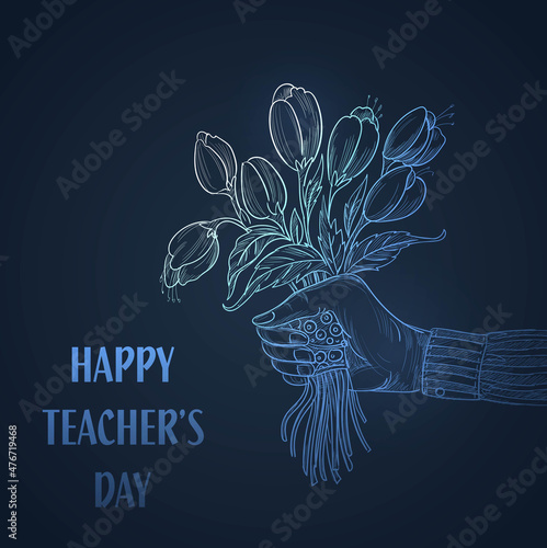 Hand with bouquet of flowers sketch teachers day background