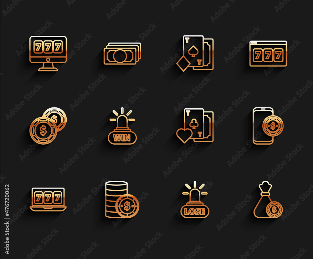 Set line Online slot machine with lucky sevens jackpot, Casino chip dollar, losing, Money bag and casino chips, win, poker table game and Playing card clubs symbol icon. Vector Set line Online slot machine with lucky sevens jackpot, Casino chip dollar, losing, Money bag and casino chips, win, poker table game and Playing card clubs symbol icon. Vector
