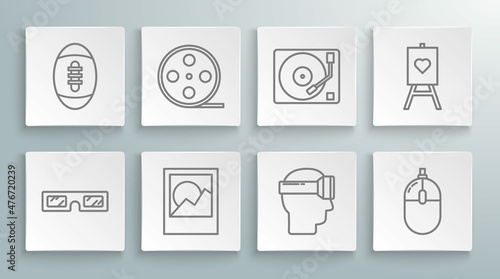 Set line 3D cinema glasses, Film reel, Photo frames, Virtual reality, Computer mouse, Vinyl player with vinyl disk, Wood easel or painting art boards and American Football ball icon. Vector