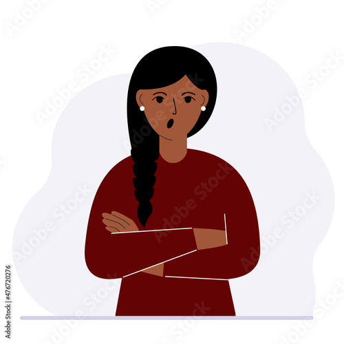 The woman is screaming and upset. The arms are crossed over the chest. Vector