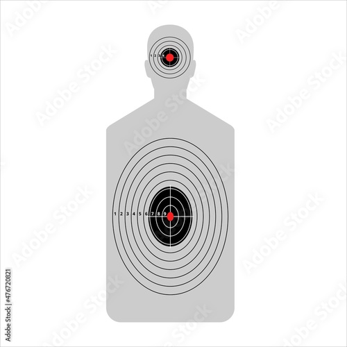 Gray target for shooting. Man silhouette with outlined circles and numbers of points for hitting training in shooting from firearms and vector bow.