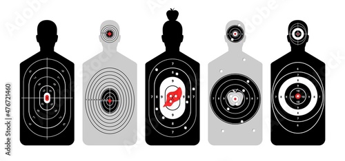 Targets for shooting with human silhouette. Training figure with outlined circles and numbers of points for hitting training in shooting from firearms and vector bow.
