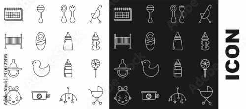 Set line Baby stroller, Lollipop, bottle, cutlery with fork and spoon, Newborn baby infant swaddled, crib cradle bed, Calendar and icon. Vector