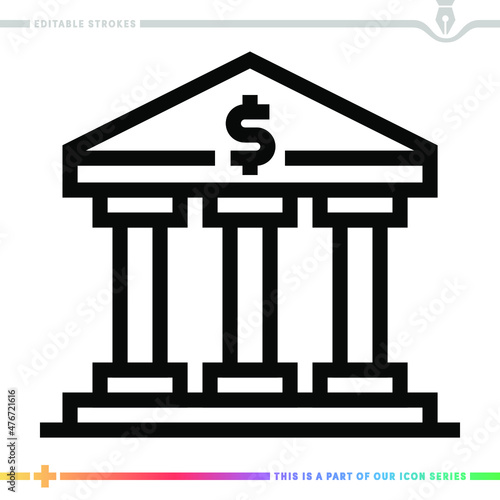 Line icon for central bank illustrations with editable strokes. This vector graphic has customizable stroke width.
