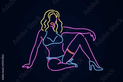 Neon abstract stripper sitting on floor. Linear glowing woman in lingerie and high heels strip bar symbol with hot erotic dances and attractive sexy vector girls