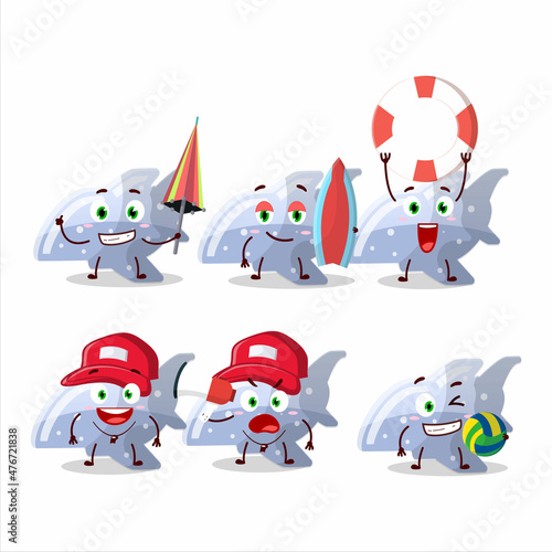Happy Face plane blue gummy candy cartoon character playing on a beach