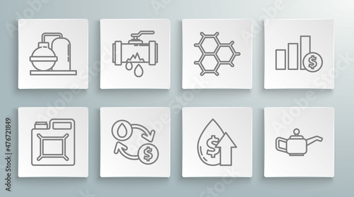 Set line Canister for gasoline, convert, price increase, motor machine oil, Chemical formula consisting of benzene rings, Pie chart infographic and dollar and industrial factory building icon. Vector