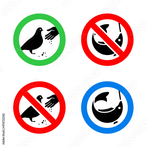 Do not feed birds and No fishing forbidden signs, vector illustration