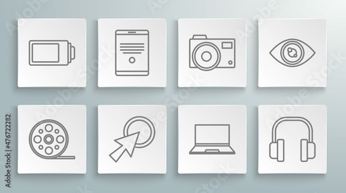 Set line Film reel, Tablet, Arrow cursor, Laptop, Headphones, Photo camera, Eye and Battery charge level indicator icon. Vector