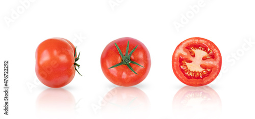 Three vine ripened truss tomatoes, isolated on white. Natural light.